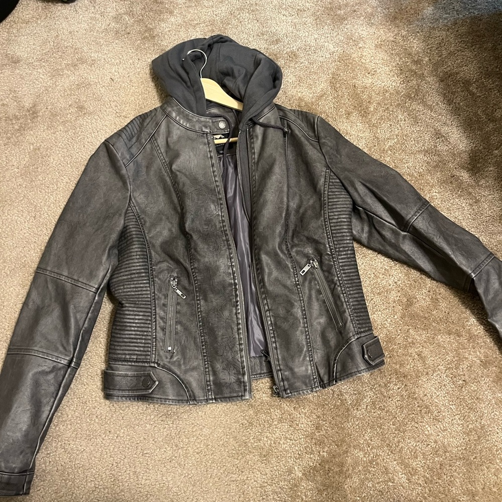 Women's Black Leather Jacket with Hood